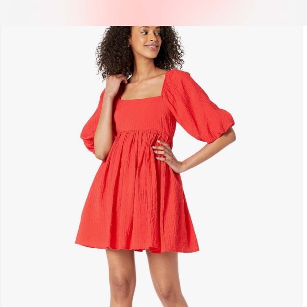Moon River Red A-Line Puff Sleeve Dress